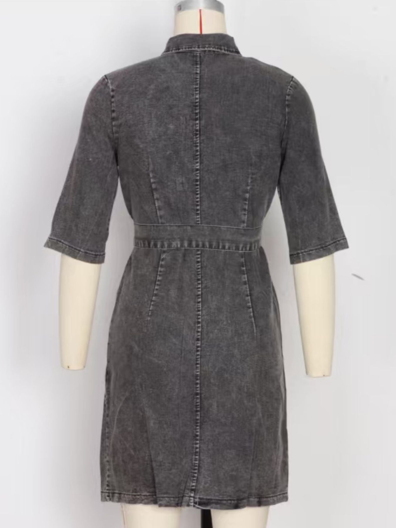 Grey denim shirt dress with half sleeves and a belted waist
