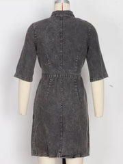 Grey denim shirt dress with half sleeves and a belted waist