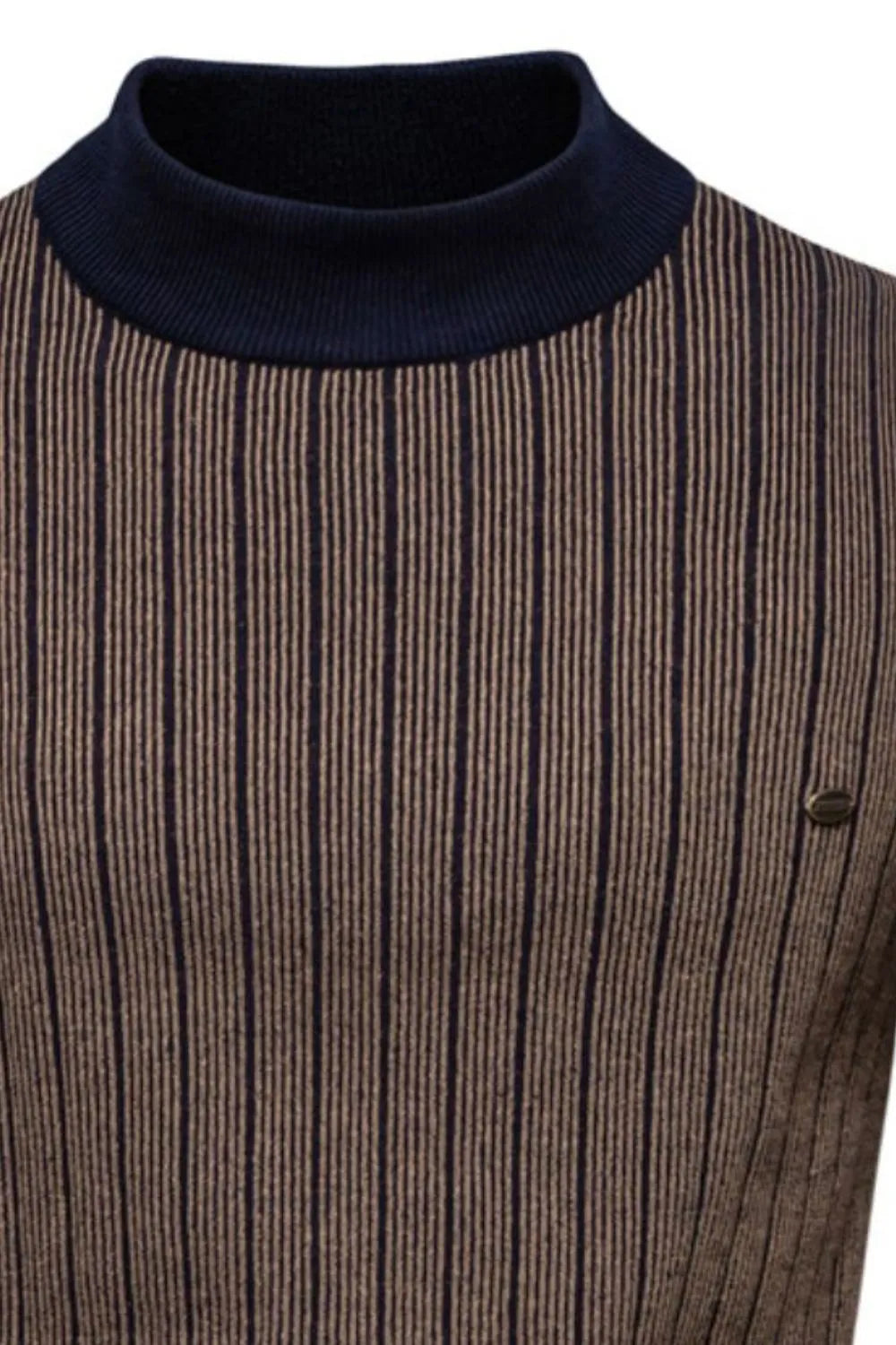Ribbed stripe mock neck pullover sweater in brown with navy accents and a small metal logo detail.