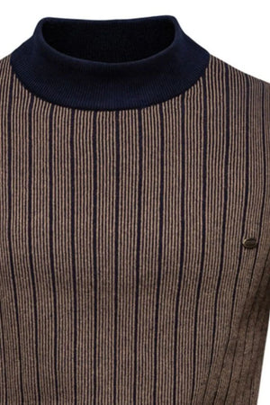 Ribbed stripe mock neck pullover sweater in brown with navy accents and a small metal logo detail.