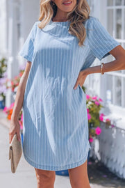 Light blue denim mini dress with white vertical stripes, short sleeves, and crew neck.