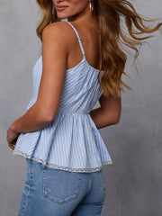 Blue striped peplum cami with lace trim and spaghetti straps.