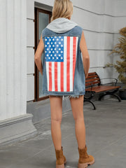 Denim hooded vest with American flag graphic back, frayed hem, grey hood.