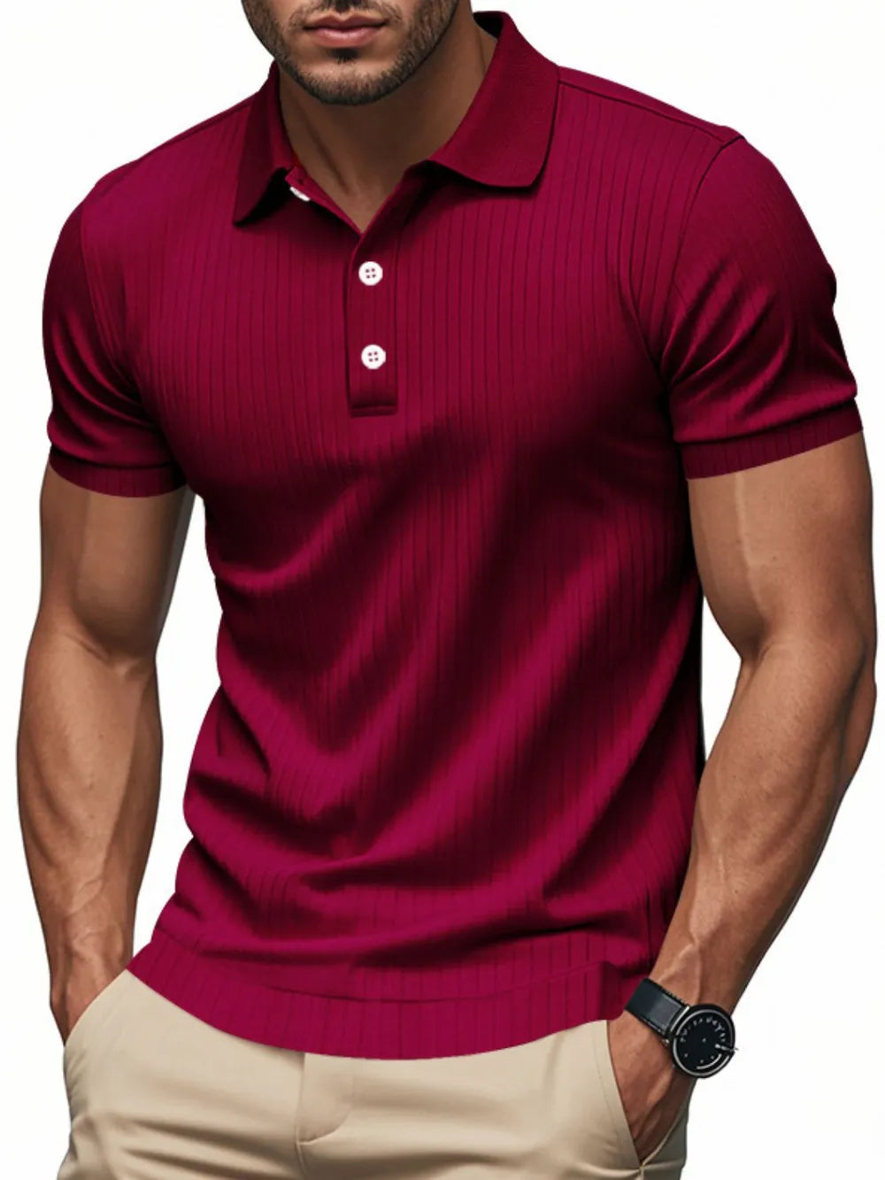 Burgundy ribbed knit polo shirt with short sleeves and a two-button placket.