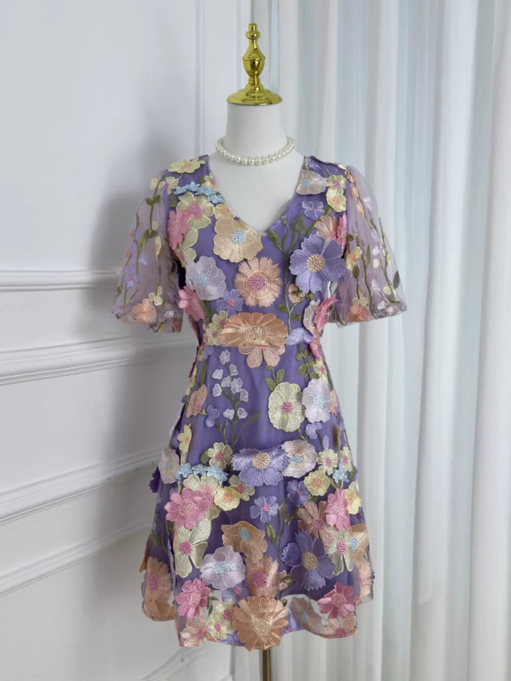 Floral Embroidery V-neck Mini Dress