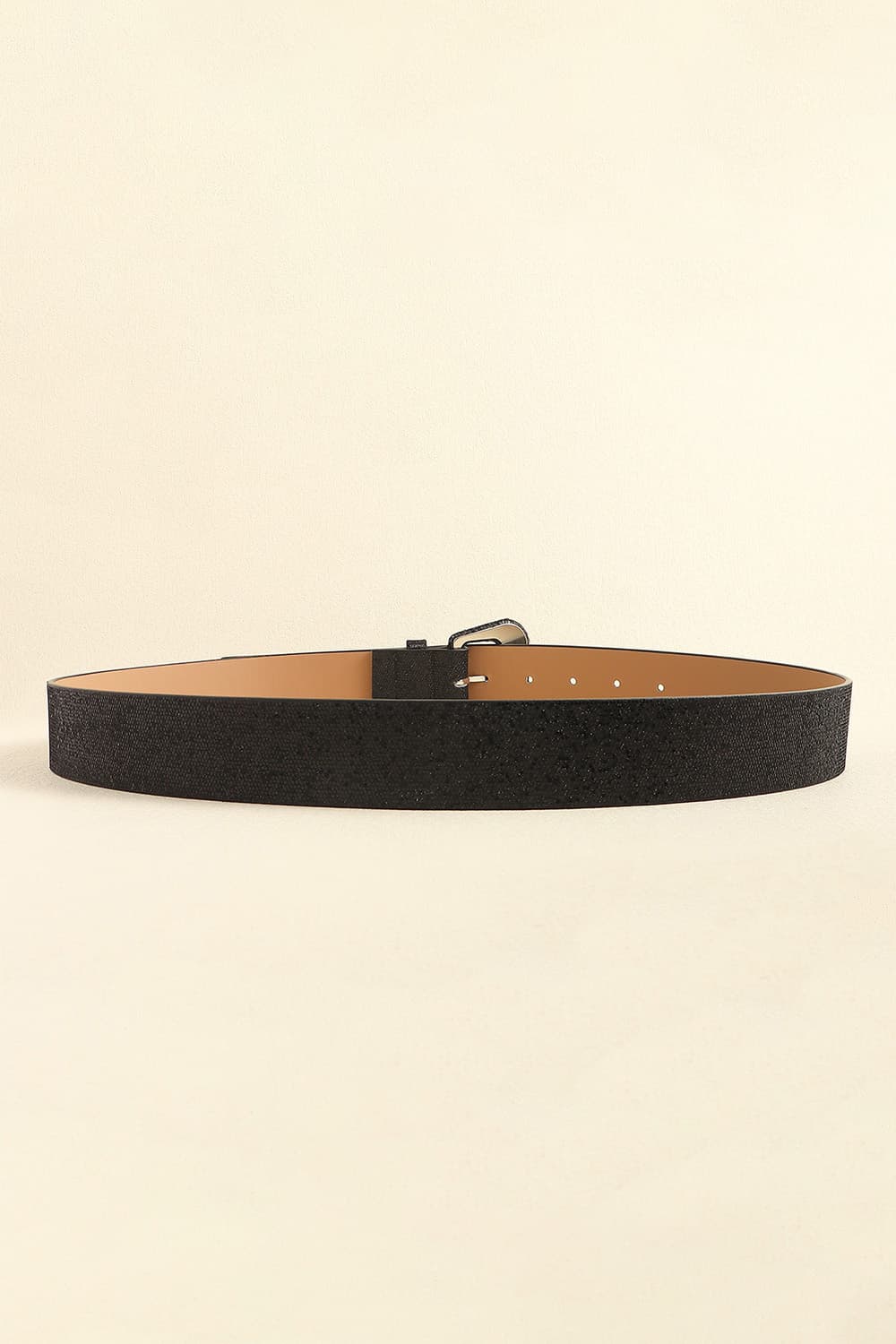Black glitter belt with square buckle and tan interior.