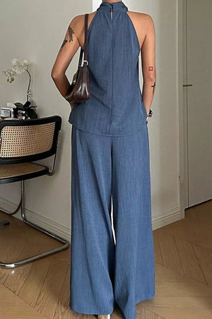 Halter Neck Top And Wide-leg Pants Set in Dusty Blue, side view