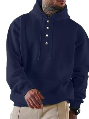 Navy buttoned hoodie with drawstring, kangaroo pocket, and metal snap buttons.