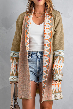 Brown open-front knit cardigan with geometric trim on collar and sleeves.