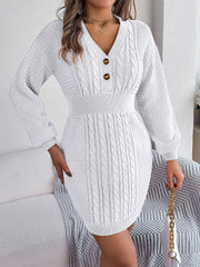 White cable knit button-front hourglass dress with V-neck and long sleeves.