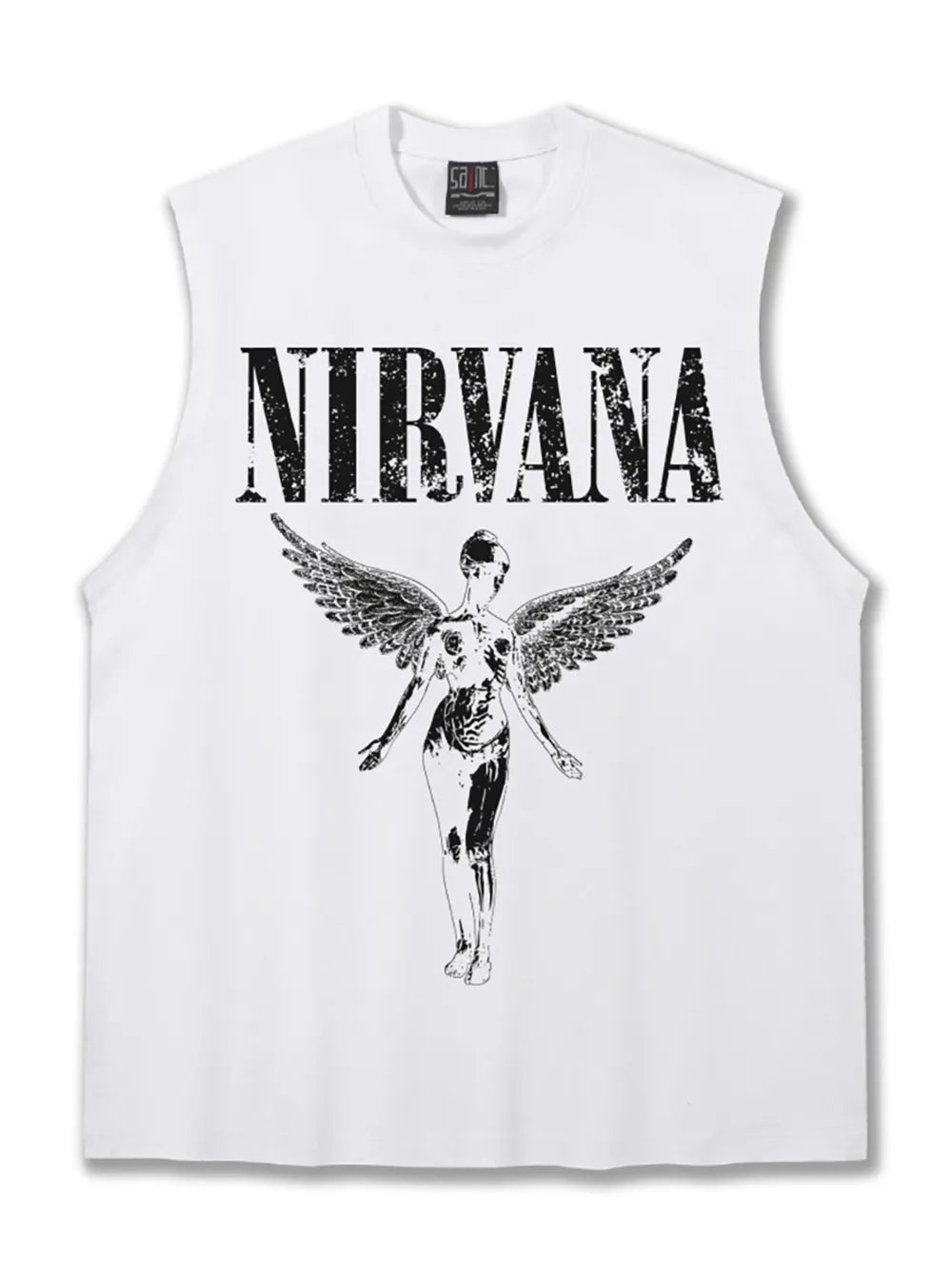 White cotton men's tank top with distressed Nirvana graphic and winged figure.