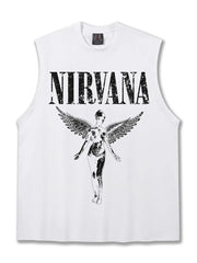 White cotton men's tank top with distressed Nirvana graphic and winged figure.