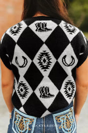 Retro Rhombus Western Print Drop Shoulder Sweater, model styling view