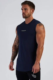 Navy performance tank top with white logo detail on chest