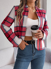 Collarless plaid cropped jacket in red, white, and blue, with a casual open front.