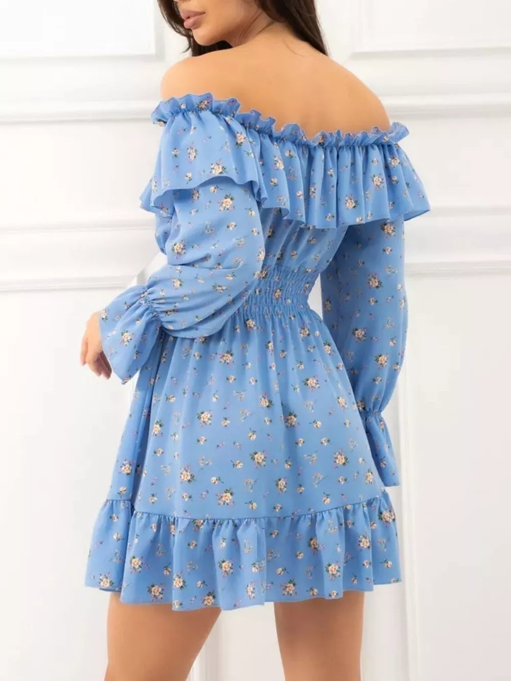 Off-shoulder Floral Ruffle Dress in Blue, view 11