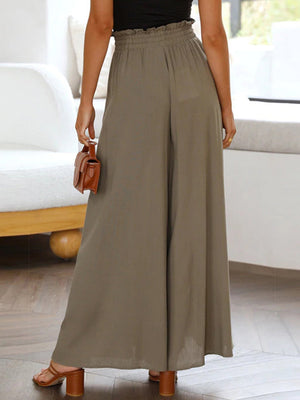 Gathered waist palazzo pants in mocha, featuring a wide leg and flowing silhouette.