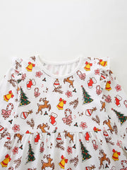 Toddler cotton dress with festive Christmas print, featuring reindeer, trees, bells, and candy canes.