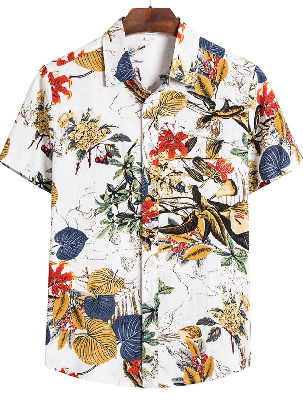 Button-down Graphic Short-sleeve Top in Camel, back view