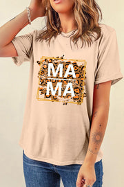 Tan cotton graphic tee with leopard print "Mama" text, short sleeves, crew neck