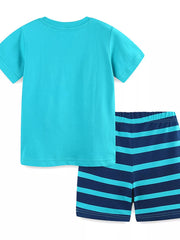 Toddler cotton two-piece set with turquoise t-shirt and navy striped shorts.
