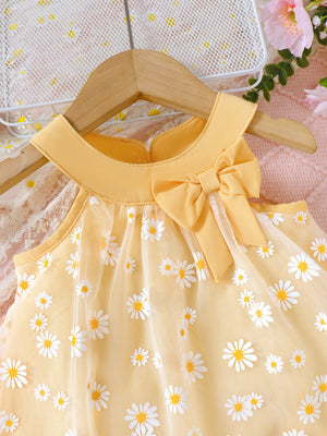 Yellow daisy print baby dress with bow detail and mesh overlay