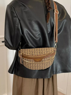 Houndstooth mini crossbody bag with chain strap and brown leather trim.