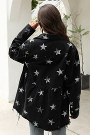 Black denim shirtdress with allover white stars and raw hem detail