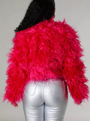 Faux Fur Open Front Cropped Outerwear in Red, view 16