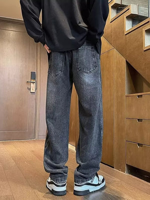 Dark gray vintage wash straight-leg jeans with drawstring waist and classic back pockets.