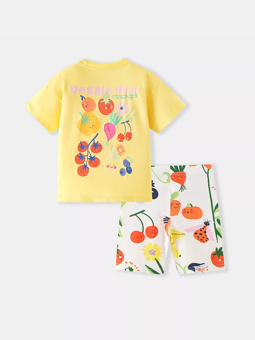 Yellow cartoon fruit tee and shorts set with applique details.