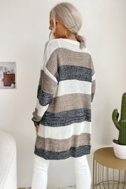 Block stripe open-front knit cardigan in Khaki/Black/White, featuring a relaxed fit and cozy texture.