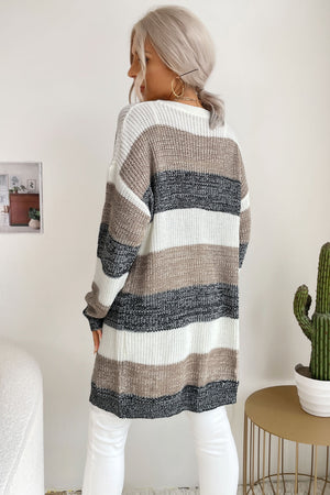 Block stripe open-front knit cardigan in Khaki/Black/White, featuring a relaxed fit and cozy texture.