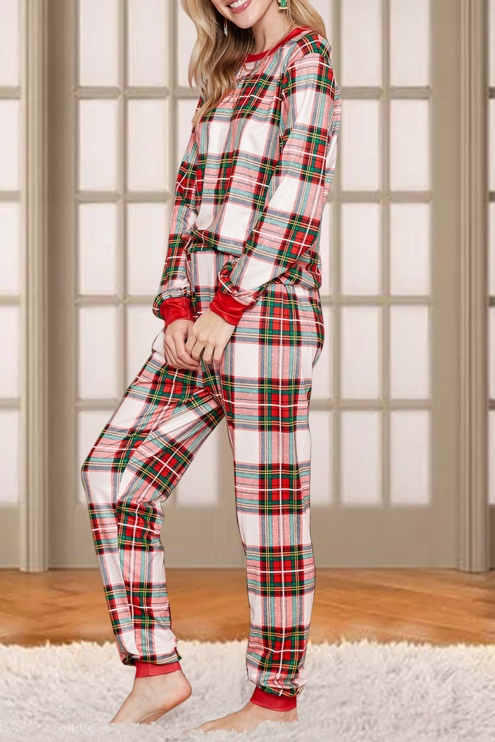 Festive plaid loungewear set in red with white and green accents and red trim.