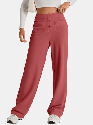 Button-front wide leg trousers in Orange-Red with patch pockets and a high waist.