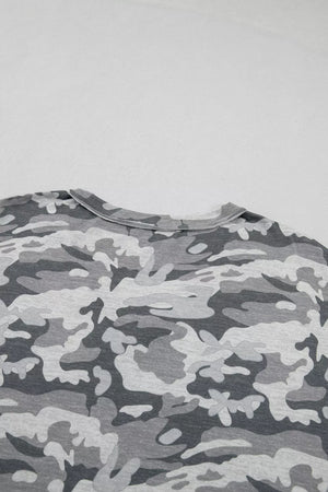 Camouflage V-neck relaxed tee with grey and black pattern