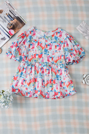 Multicolor watercolor village print peplum blouse with puff sleeves and elasticated waist.