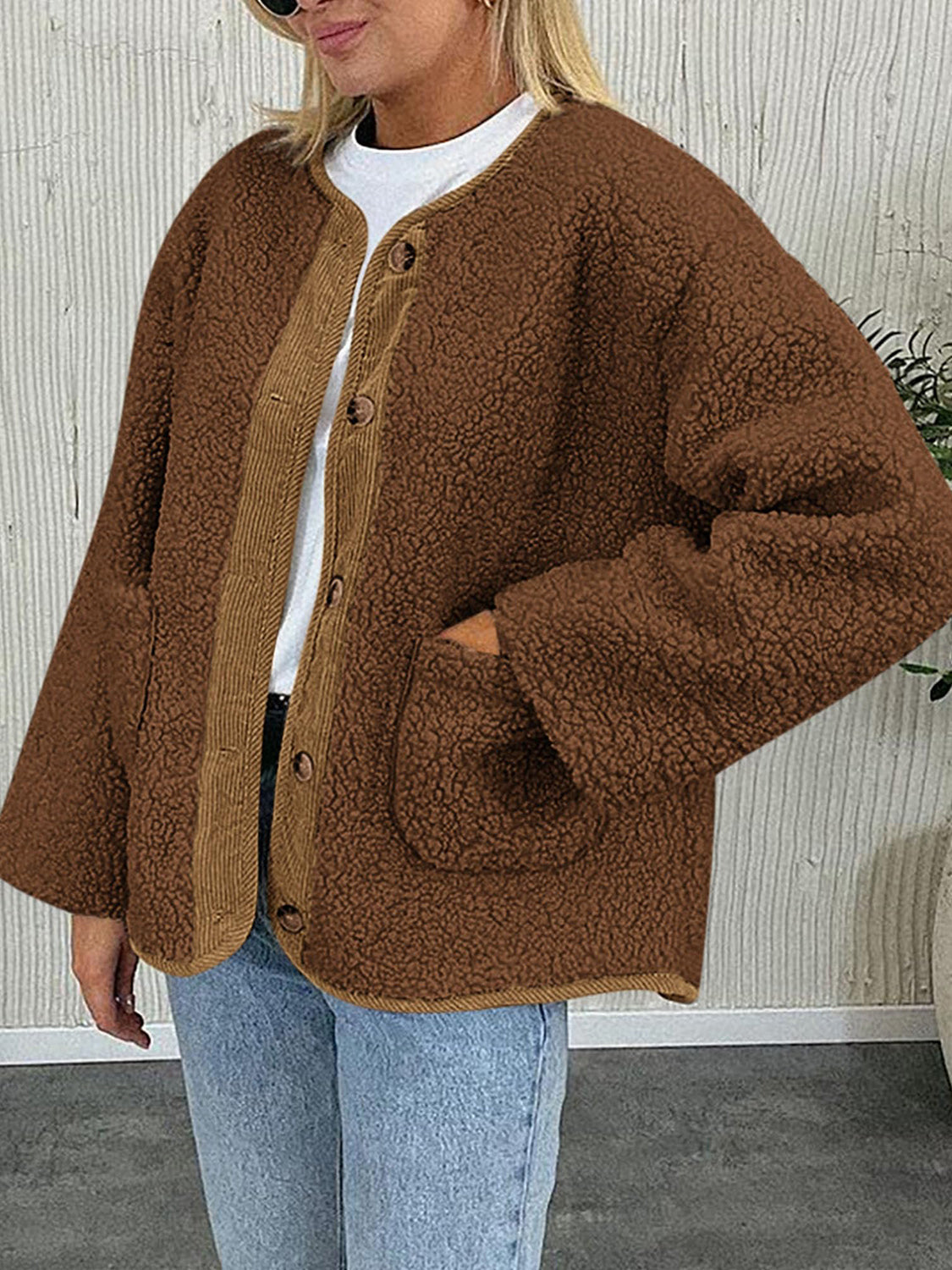 Brown teddy-texture button-up jacket with corduroy trim and pockets