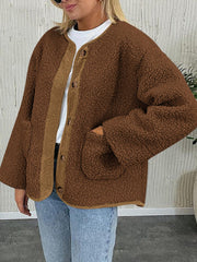 Brown teddy-texture button-up jacket with corduroy trim and pockets