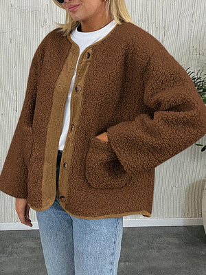 Brown teddy-texture button-up jacket with corduroy trim and pockets