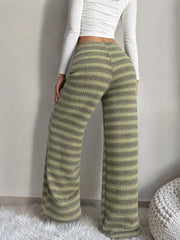 Striped Knit Wide-leg Pants in Army Green, back view
