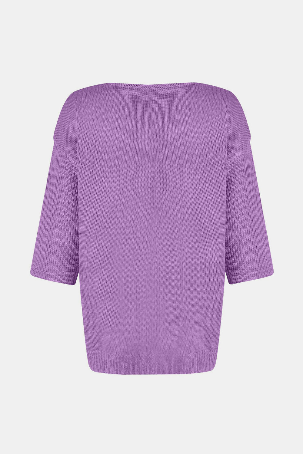Lavender knit sweater with flared sleeves and V-neck.