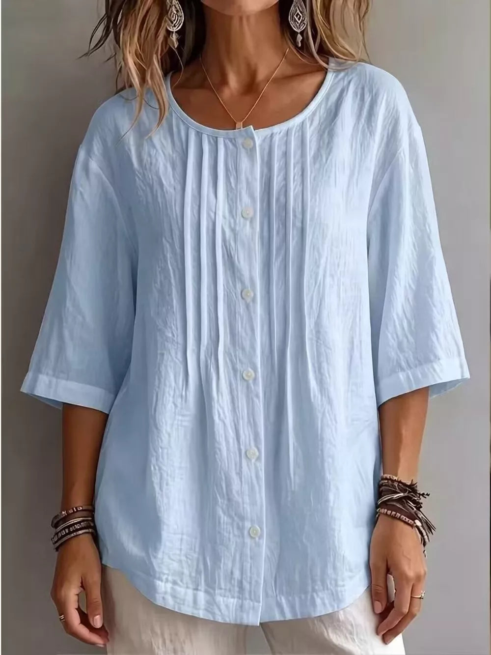 Full Size Texture Round Neck 3/4 Sleeve Blouse, back view