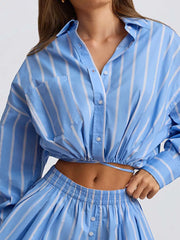 Chic Striped Two-piece Shirt And Shorts Set