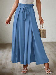 Blue paperbag waist palazzo pants with tie belt and side slits