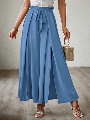 Blue paperbag waist palazzo pants with tie belt and side slits