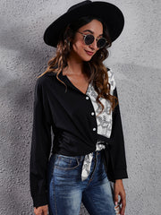 Black and white checkerboard panel blouse with tie waist, button-down, 100% polyester