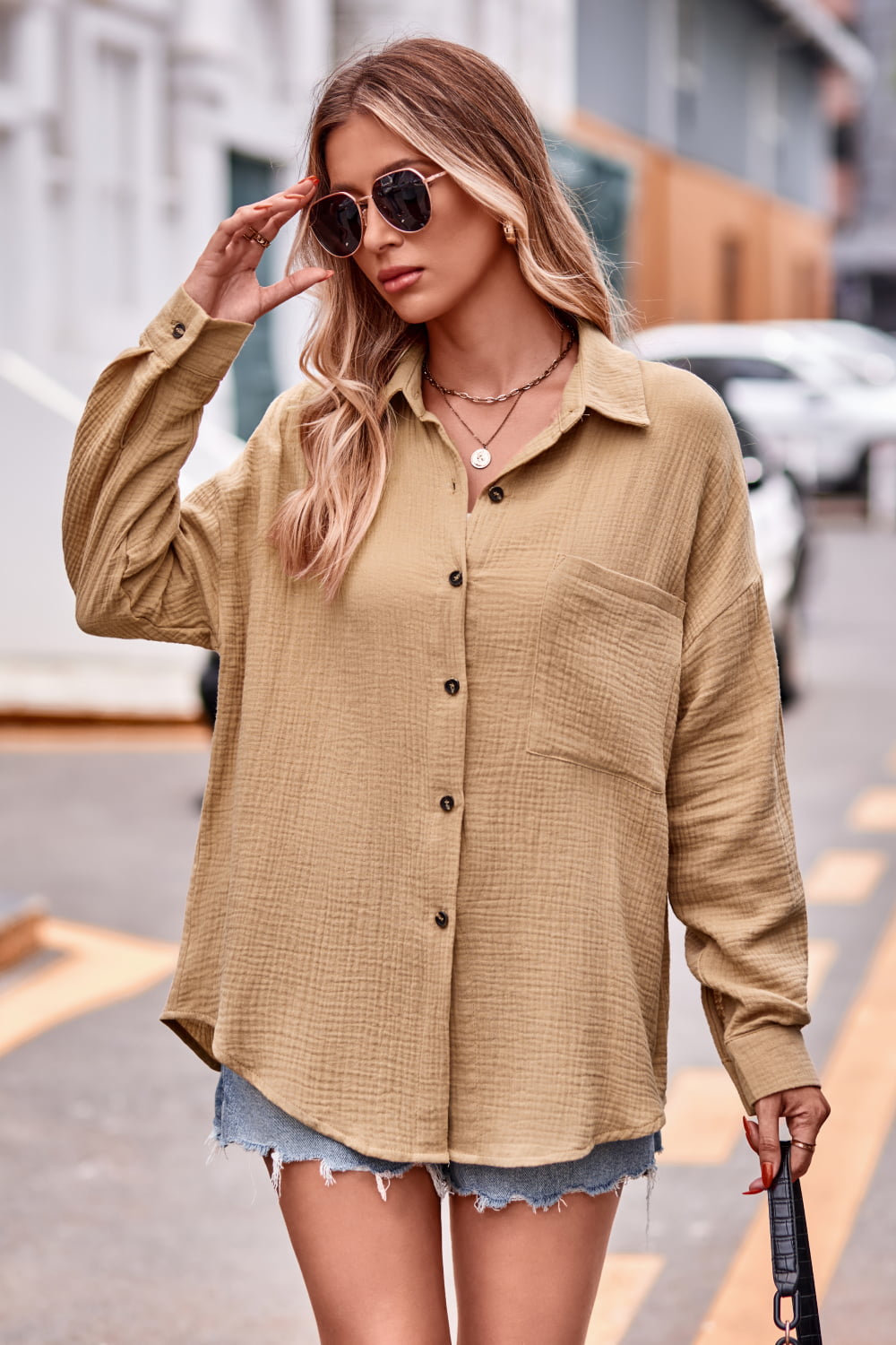 Textured gauze overshirt in khaki with relaxed silhouette, button front, and chest pocket.