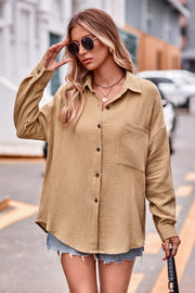 Textured gauze overshirt in khaki with relaxed silhouette, button front, and chest pocket.