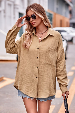 Textured gauze overshirt in khaki with relaxed silhouette, button front, and chest pocket.